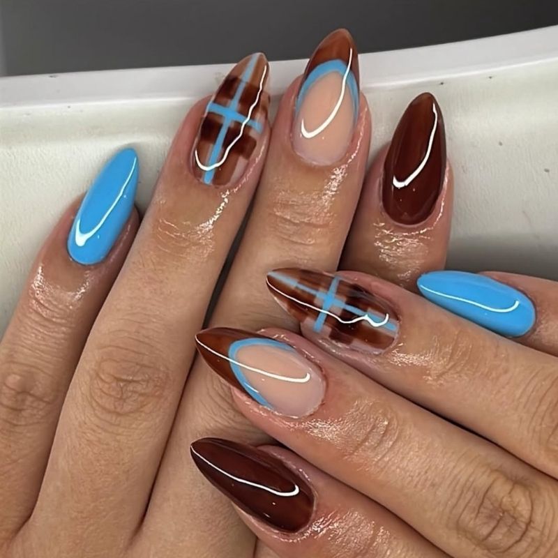 blue plaid nails