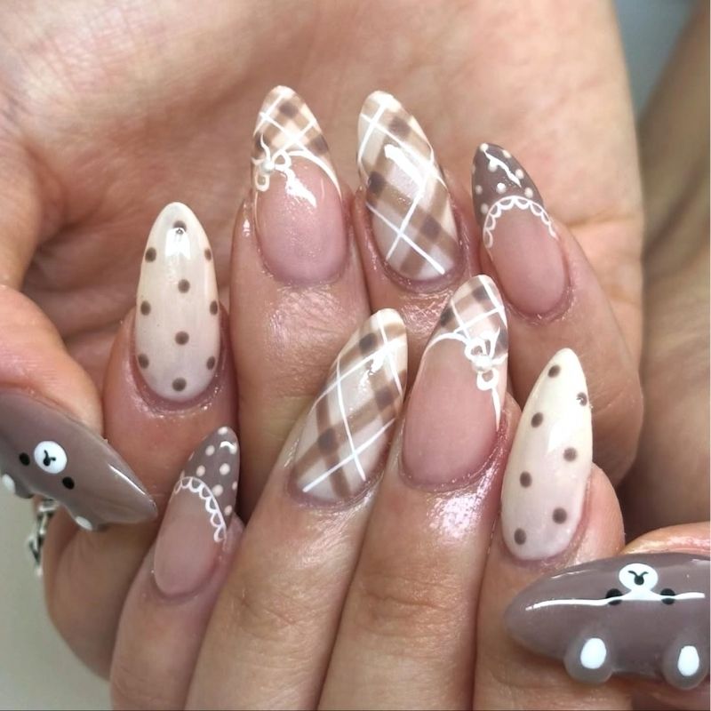 plaid nails almond