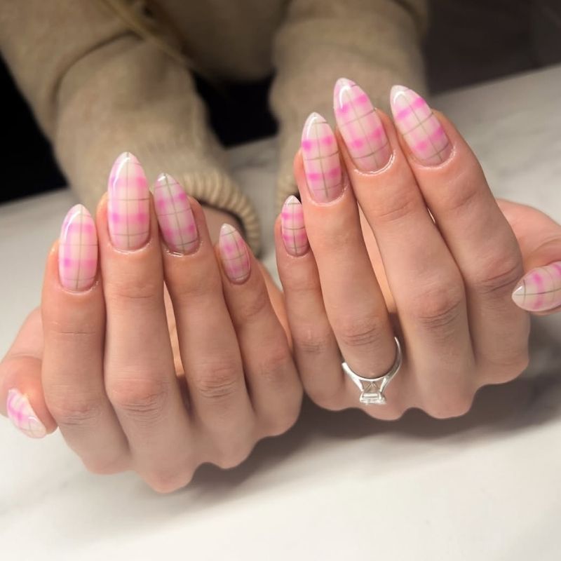 pink plaid nails designs