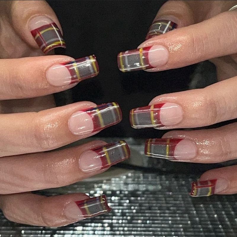 plaid nails french tip