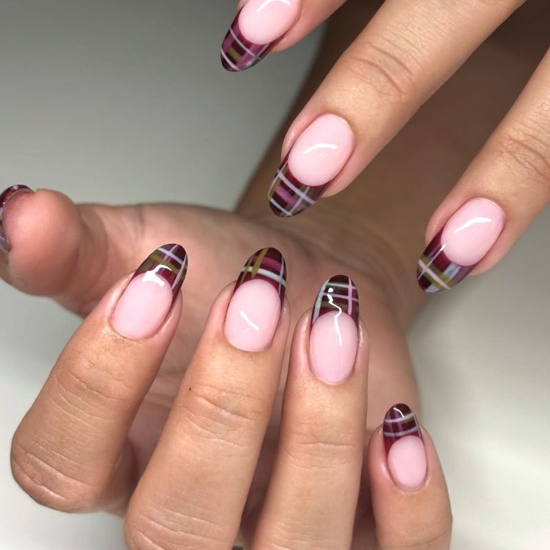 burgundy plaid nails